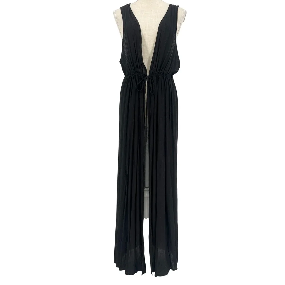 Kona Sol Swim Cover Up Women L/XL Black Maxi V-Neck Drawstring Beach Boho